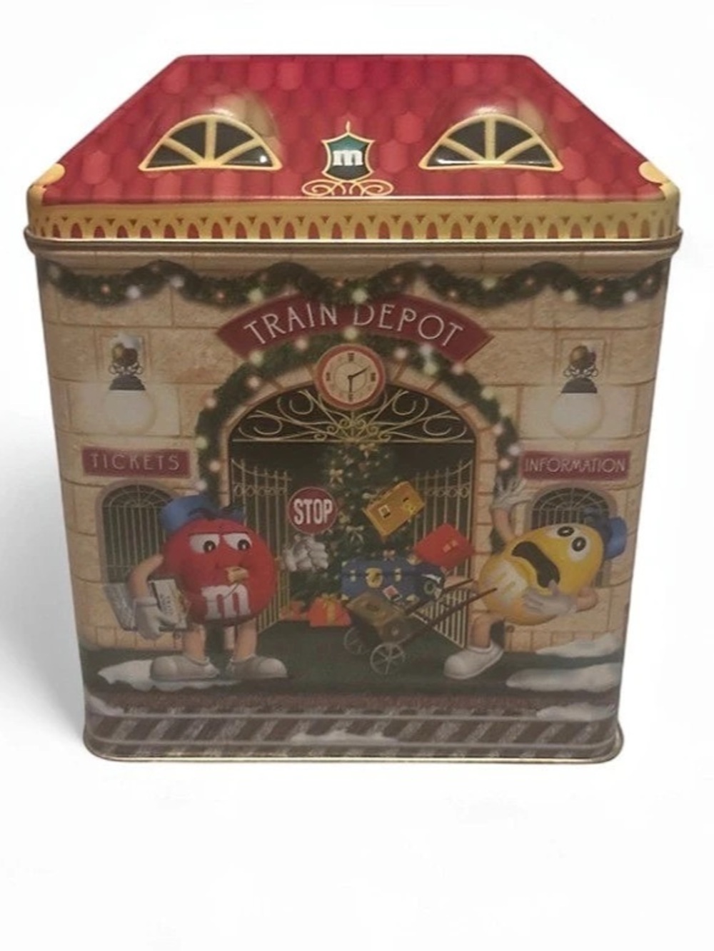 M&M's Christmas Village Series Train Depot Tin Canister Decor